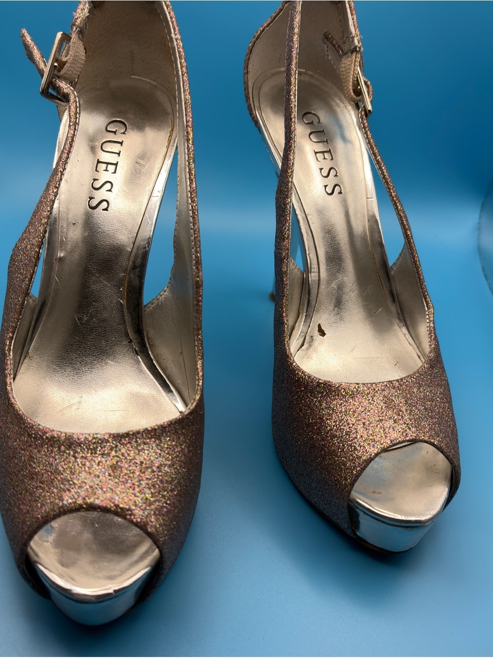 GUESS Shoes Women's Glitter Peep-Toe Slingback Heels - Rose Gold Glitter